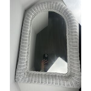 Wicker Mirror White Rattan Wall Hanging Arched 28x14 Shabby Chic Boho Vintage
